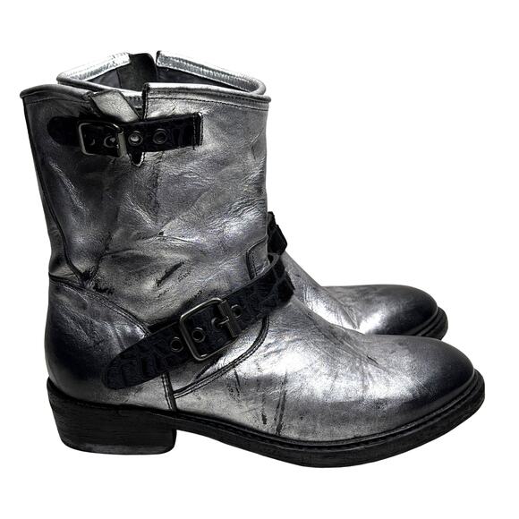 Pantanetti Shoes - Pantanetti Womens Silver Italian Leather Moto Style Boots with Buckles Size 37.5